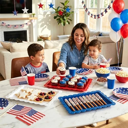 12Pcs Patriotic Plastic Serving Tray Red Blue White Rectangle Serving Dish 4th of July Dessert Display Tray, alternate view 5