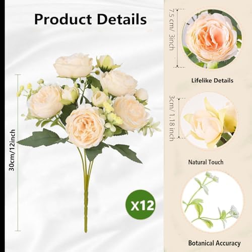 12pcs Peonies Artificial Flowers Bouquet, Lifelike Silk Fake Peonies with Stems for Home Table Centerpieces, alternate view 5