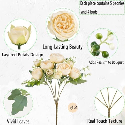 12pcs Peonies Artificial Flowers Bouquet, Lifelike Silk Fake Peonies with Stems for Home Table Centerpieces, alternate view 6