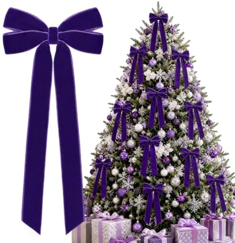 12Pcs Purple Velvet Ribbon Bows Christmas Tree Decorations,5in x 10in Xmas Ornaments for Tree Home Party Front