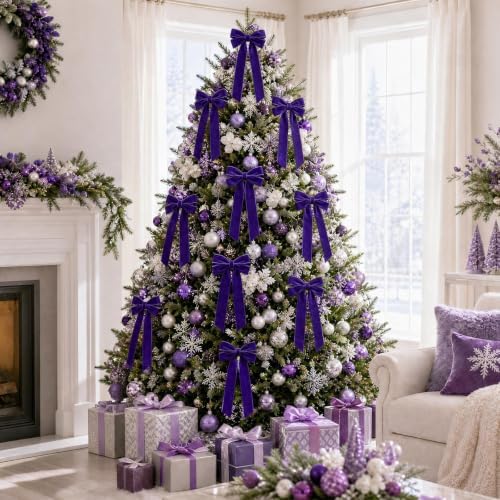 12Pcs Purple Velvet Ribbon Bows Christmas Tree Decorations,5in x 10in Xmas Ornaments for Tree Home Party Front, alternate