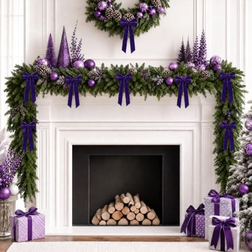 12Pcs Purple Velvet Ribbon Bows Christmas Tree Decorations,5in x 10in Xmas Ornaments for Tree Home Party Front, alternate