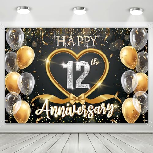 12th Anniversary Backdrop, Black Gold 12 Year Wedding Decorations Banner, Happy 12th Anniversary Party Supplies