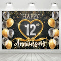 12th Anniversary Backdrop, Black Gold 12 Year Wedding Decorations Banner, Happy 12th Anniversary Party Supplies