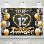 12th Anniversary Backdrop, Black Gold 12 Year Wedding Decorations Banner, Happy 12th Anniversary Party Supplies