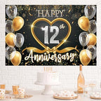 12th Anniversary Backdrop, Black Gold 12 Year Wedding Decorations Banner, Happy 12th Anniversary Party Supplies, alternate