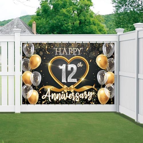 12th Anniversary Backdrop, Black Gold 12 Year Wedding Decorations Banner, Happy 12th Anniversary Party Supplies, alternate