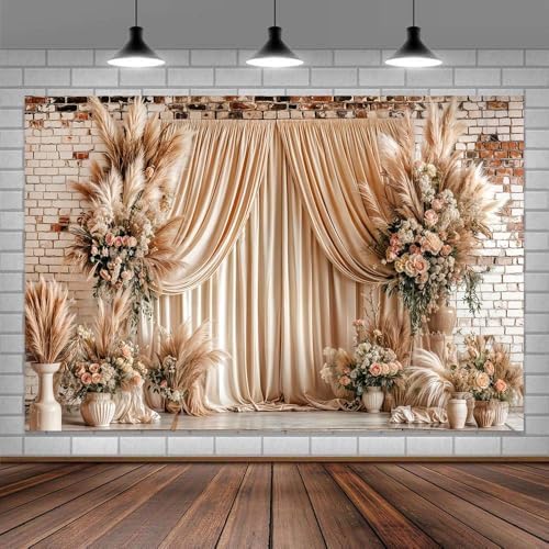 12X10ft Boho Floral Wedding Backdrop Wall Background Photography Beige Vintage Flowers Backdrops for Parties, alternate view