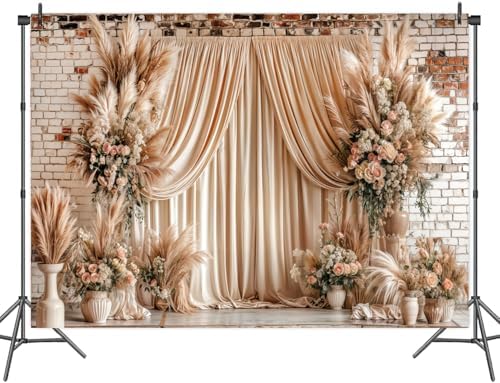 12X10ft Boho Floral Wedding Backdrop Wall Background Photography Beige Vintage Flowers Backdrops for Parties, alternate view