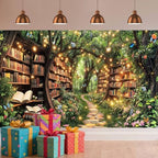 12X10ft Enchanted Forest Fairy Library Backdrop Fairy Tale Magic Bookshelf Green Garden Book Tree Floral, alternate view 6