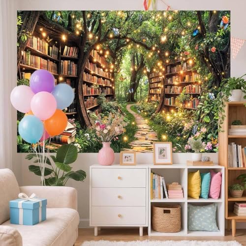 12X10ft Enchanted Forest Fairy Library Backdrop Fairy Tale Magic Bookshelf Green Garden Book Tree Floral, alternate view 7