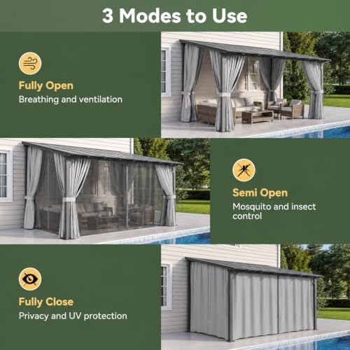12x10FT Pergola with Netting and Curtains for Patio, Gray in 12x10FT in Gray, alternate view 4