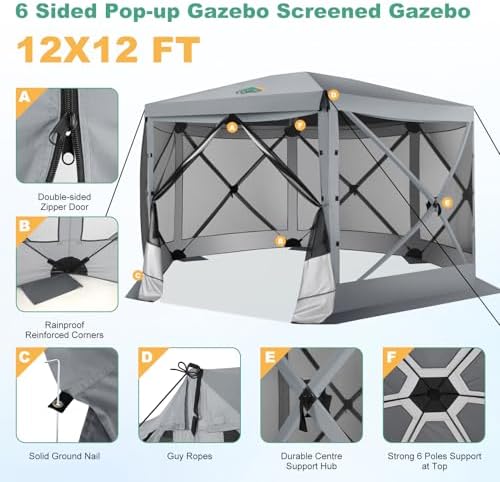 12x12 FT Pop Up Canopy Extendable Tent, Gazebos On Clearance With Removable Roof, Screened In Gazebo, Screen, alternate view