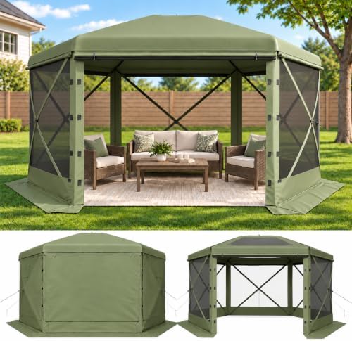 12x12 ft Pop-Up Canopy Tent, 6-Sided Gazebo with Detachable Top, Portable Camping Shelter with Mesh Windows, Pop