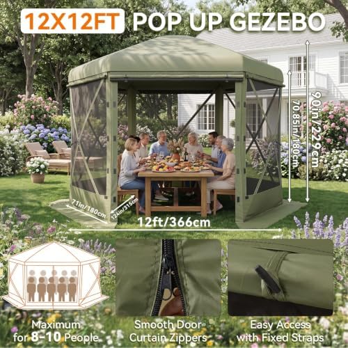 12x12 ft Pop-Up Canopy Tent, 6-Sided Gazebo with Detachable Top, Portable Camping Shelter with Mesh Windows, Pop, alternate