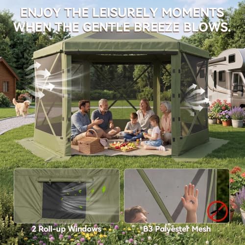 12x12 ft Pop-Up Canopy Tent, 6-Sided Gazebo with Detachable Top, Portable Camping Shelter with Mesh Windows, Pop, alternate