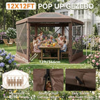 12x12 ft Pop-Up Canopy Tent, 6-Sided Gazebo with Detachable Top, Portable Camping Shelter with Mesh Windows, Pop, alternate