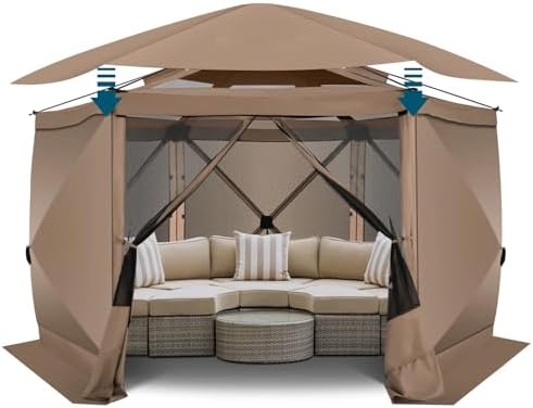 12x12 FT Pop Up Canopy Tent, Screened in Gazebo with sidewalls, Khaki in 12x12 FT in Khaki