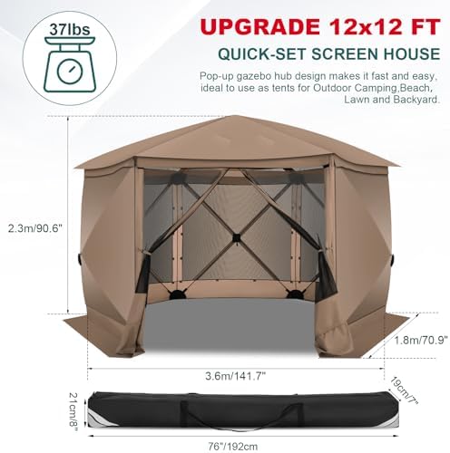 12x12 FT Pop Up Canopy Tent, Screened in Gazebo with sidewalls, Khaki in 12x12 FT in Khaki, alternate view 2