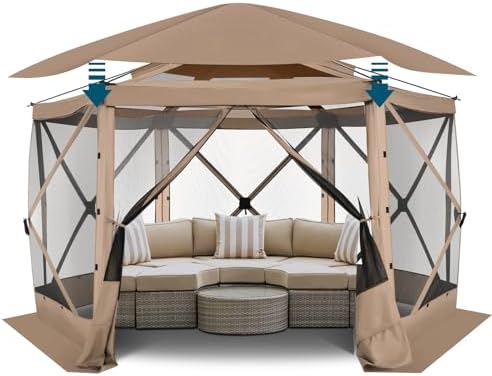 12x12 FT Screened Gazebo, Pop Up Stargazing Canopy Tent, Khaki in 12x12 FT in Khaki