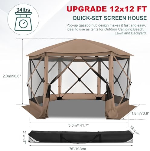 12x12 FT Screened Gazebo, Pop Up Stargazing Canopy Tent, Khaki in 12x12 FT in Khaki, alternate view 2