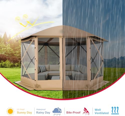 12x12 FT Screened Gazebo, Pop Up Stargazing Canopy Tent, Khaki in 12x12 FT in Khaki, alternate view 5