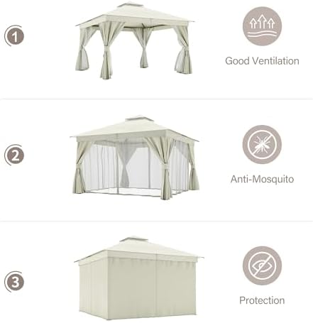 12x12 Gazebo Canopy with String Lights, Netting and Curtains, alternate view 3