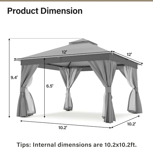 12x12 Gazebo with Lights, Netting, Curtains & Double Roof, alternate view 2