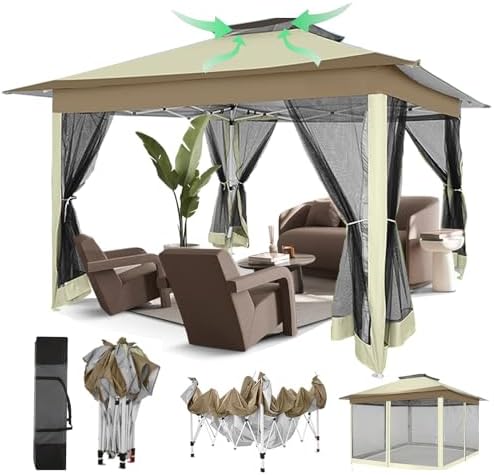 12x12 Pop Up Canopy Portable Gazebo with Mosquito Nettings Upgrade Easy Up Metal Outdoor Gazebo Waterproof, 4