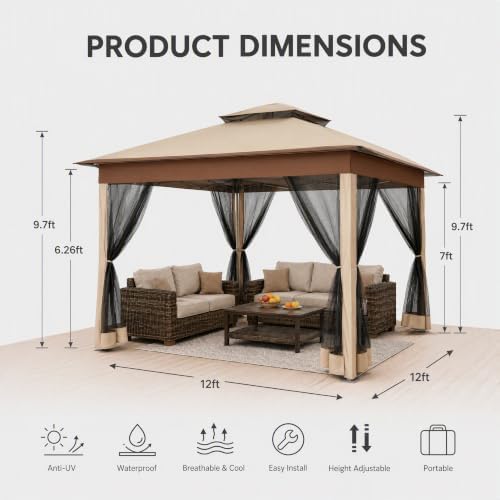 12x12 Pop Up Canopy Portable Gazebo with Mosquito Nettings Upgrade Easy Up Metal Outdoor Gazebo Waterproof, 4, alternate view