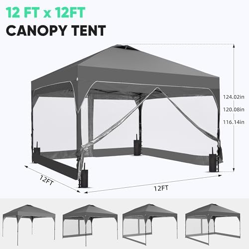 12x12 Pop Up Canopy Tent with One Push Setup, Outdoor Sun Shade Canopy for Backyard Party, Easy Up Instant, alternate view 3
