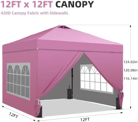 12x12 Pop Up Canopy Tent with One Push Setup, Portable Sun Shade Tent, Instant Easy Up Canopy with 4-Sidewalls &, alternate