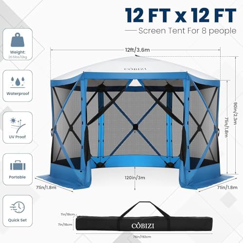 12x12 Pop Up Gazebo, Screen Tent with Carry Bag & Stakes, Blue in Blue, alternate view 2