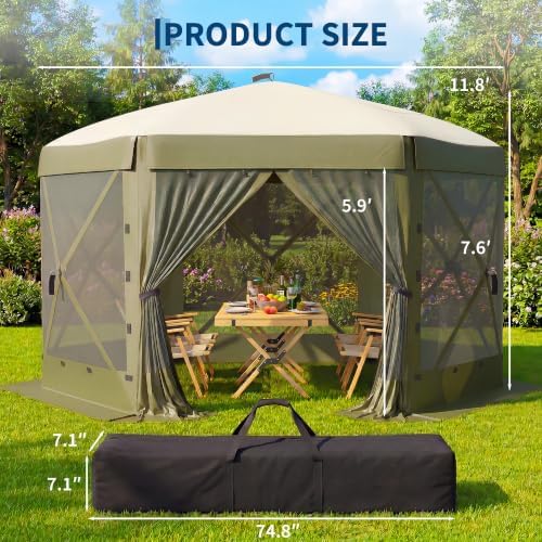 12x12FT 6-Sided Pop Up Gazebo Screen Tent with Mesh Panels, Green in 12x12FT in Green, alternate view 2