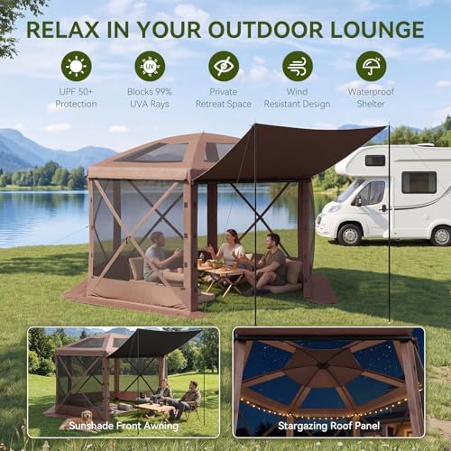 12x12ft Pop-Up Canopy Tent with Removable Top, Screen Gazebo, Brown in 12x12ft in Brown, alternate view 2