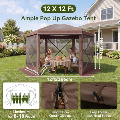 12x12ft Pop-Up Canopy Tent with Removable Top, Screen Gazebo, Brown in 12x12ft in Brown, alternate view 5