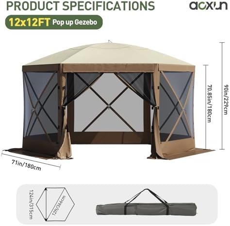 12x12ft Pop Up Gazebo, Gazebo Screen Tent with LED Light, Brown in 12x12ft in Brown, alternate view 2