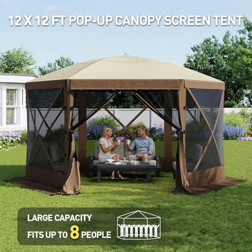 12x12ft Pop Up Gazebo, Gazebo Screen Tent with LED Light, Brown in 12x12ft in Brown, alternate view 4