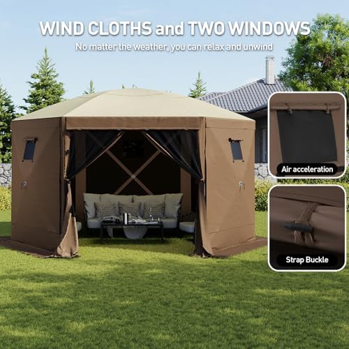 12x12ft Pop Up Gazebo, Gazebo Screen Tent with LED Light, Brown in 12x12ft in Brown, alternate view 5