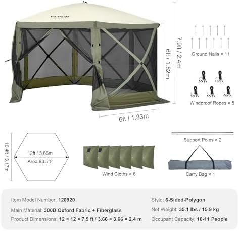 12x12ft Pop Up Gazebo Tent with Mosquito Netting, 6 Removable Wind Panels & 2 Mesh Windows, Outdoor Canopy, alternate view 3