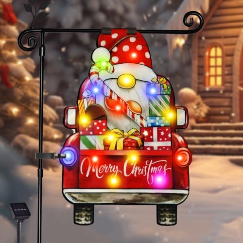 12x18 Lighted Christmas Dwarf Garden Flag, 8 Modes Solar LED