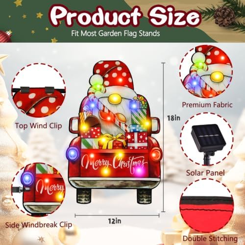 12x18 Lighted Christmas Dwarf Garden Flag, 8 Modes Solar LED, alternate view 2