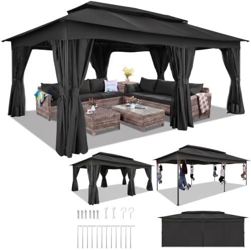 12x20 FT Gazebo Outdoor with Curtains, Heavy Duty Soft Top Gazebo Canopy with Double Roof, Large Metal Frame, alternate view