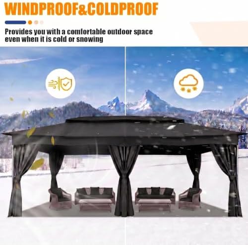 12x20 FT Gazebo Outdoor with Curtains, Heavy Duty Soft Top Gazebo Canopy with Double Roof, Large Metal Frame, alternate view