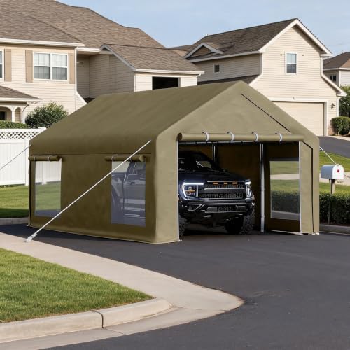 12x20 FT Heavy Duty Carport Canopy with Sidewalls, Khaki in 12x20 FT in Khaki