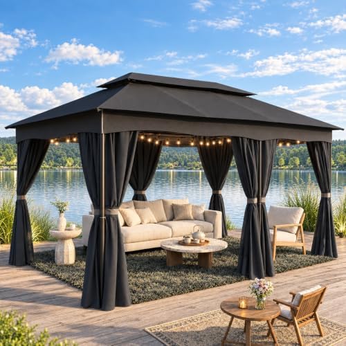12x20 Gazebo Heavy Duty Gazebos with Curtains Outdoor Gazebo Canopy Double Roof with Metal Steel Frame for