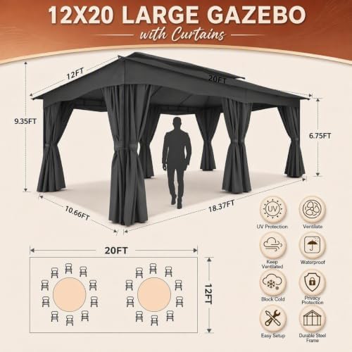 12x20 Gazebo Heavy Duty Gazebos with Curtains Outdoor Gazebo Canopy Double Roof with Metal Steel Frame for, alternate view 2