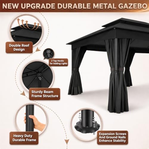 12x20 Gazebo Heavy Duty Gazebos with Curtains Outdoor Gazebo Canopy Double Roof with Metal Steel Frame for, alternate view 4