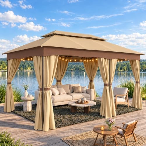 12x20 Gazebo Heavy Duty Gazebos with Curtains Outdoor Gazebo Canopy Double Roof with Metal Steel Frame for
