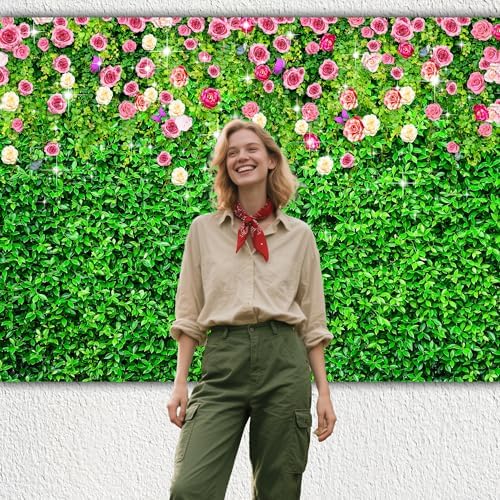 12x8 FT Green Leaf Flower Wall Background Large Green Grass Wall Backdrop Birthday Banner for Woman Men Birthday, alternate